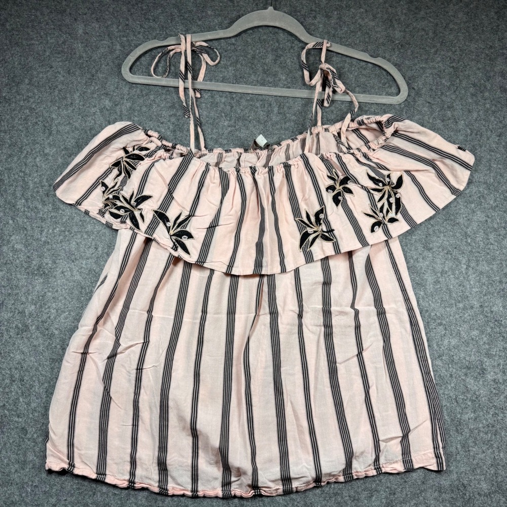 LOFT Pink Striped Off Shoulder Ruffle Top Floral Embroidered Boho Blouse Women M